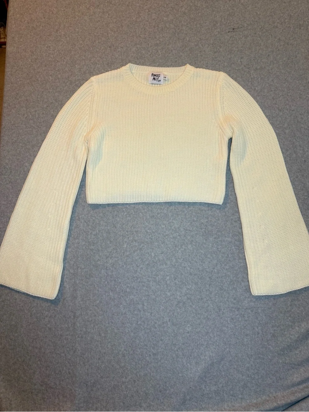Princess Polly Cream Ribbed Cropped Crewneck Sweater